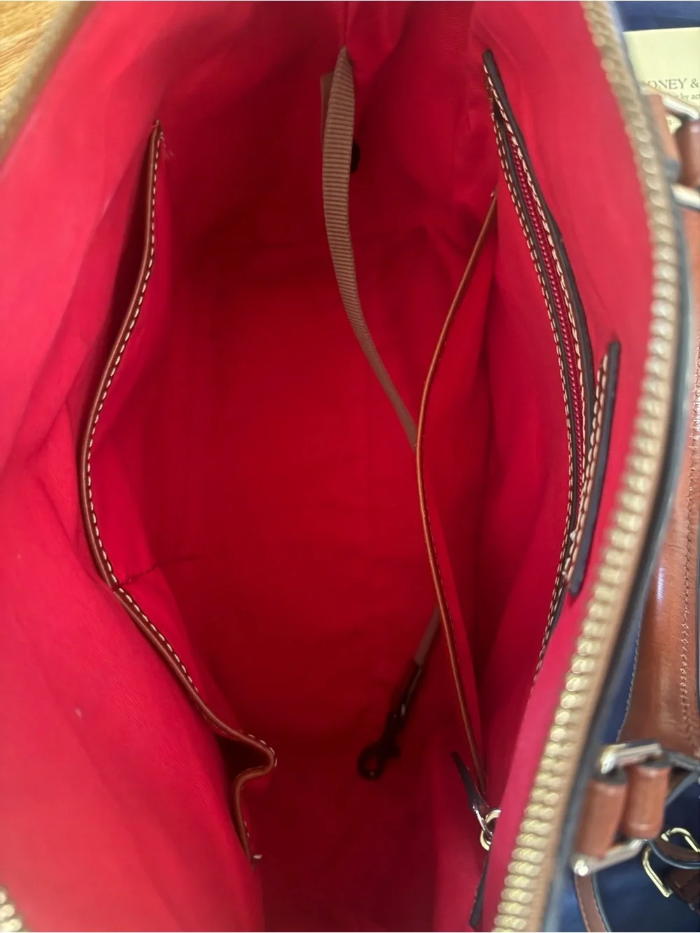 Dooney & Bourke Grey Pebble Leather Satchel with Brown Trim and Red Accent